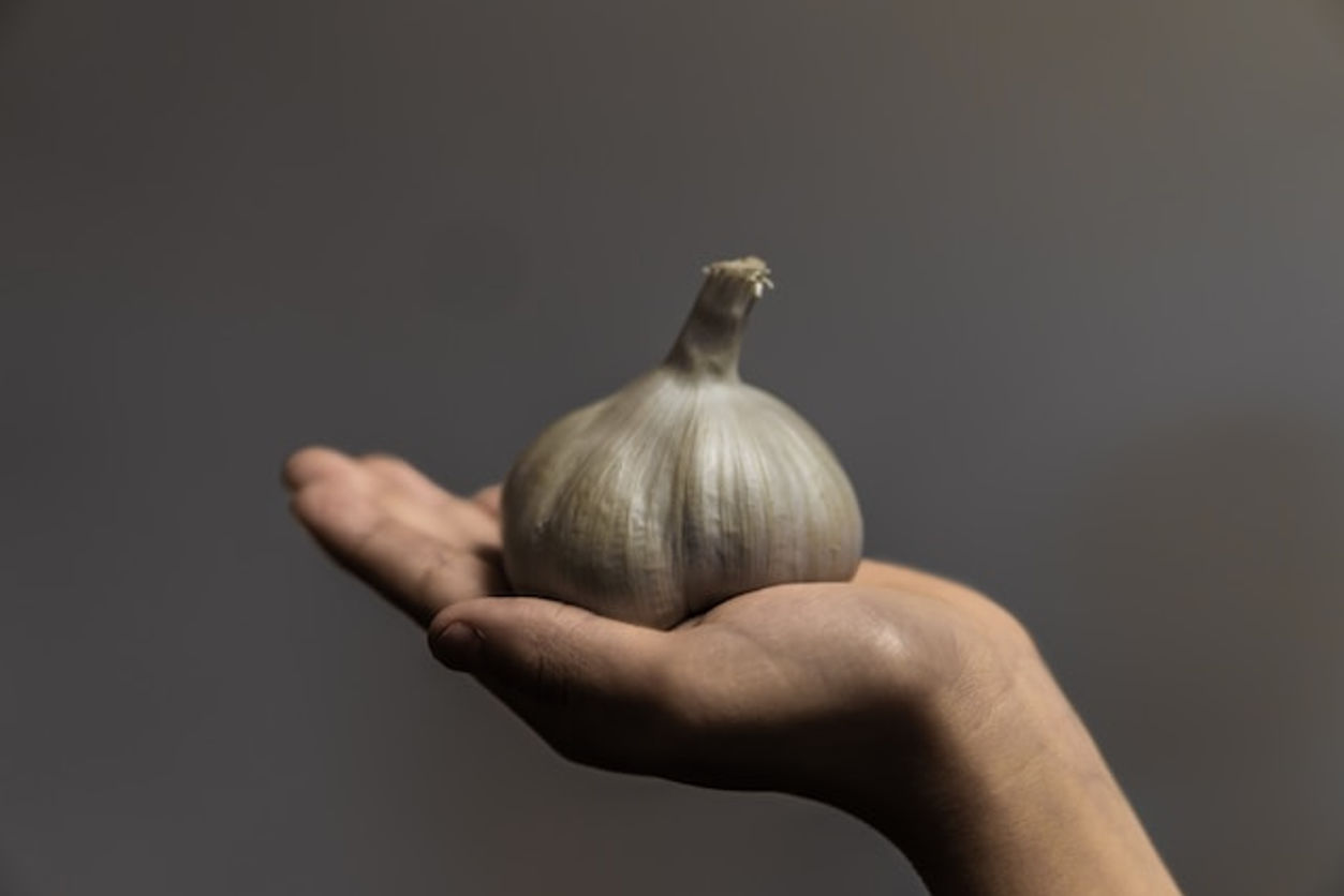 Holding a garlic bulb in one hand