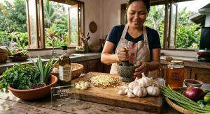 A rustic kitchen showing fresh garlic bulbs, peeled cloves, and chopped garlic on a wooden cutting board surrounded by herbs, olive oil, and healthy ingredients, highlighting garlic as a natural superfood.