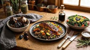 Black fermented garlic cloves displayed with gourmet healthy dishes