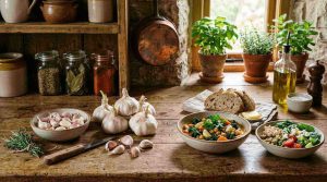 Fresh garlic bulbs and cloves arranged beside healthy homemade dishes in a rustic kitchen, natural cooking ingredients