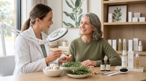 A sophisticated wellness-inspired aesthetic medicine clinic scene featuring a confident middle-aged woman receiving a subtle facial consultation, surrounded by fresh garlic, herbs and natural skincare elements