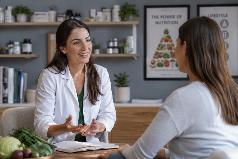 Healthcare professional discussing nutrition and wellness with a patient in a modern integrative clinic
