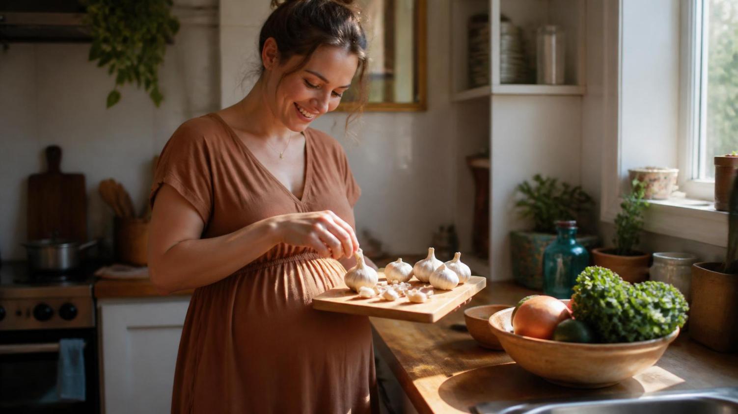 Pregnant woman smiles while preparing fresh garlic cloves in sunny kitchen.