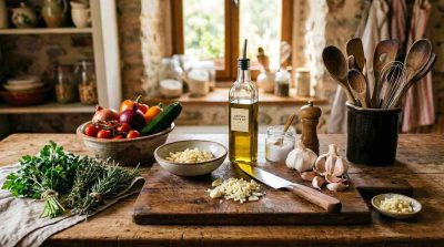 A rustic kitchen countertop displaying fresh garlic bulbs, chopped garlic cloves, herbs, olive oil, vegetables, and cooking utensils beside a wooden cutting board.