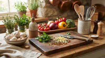 A rustic kitchen countertop displaying fresh garlic bulbs, chopped garlic cloves, herbs, olive oil, vegetables, and cooking utensils beside a wooden cutting board